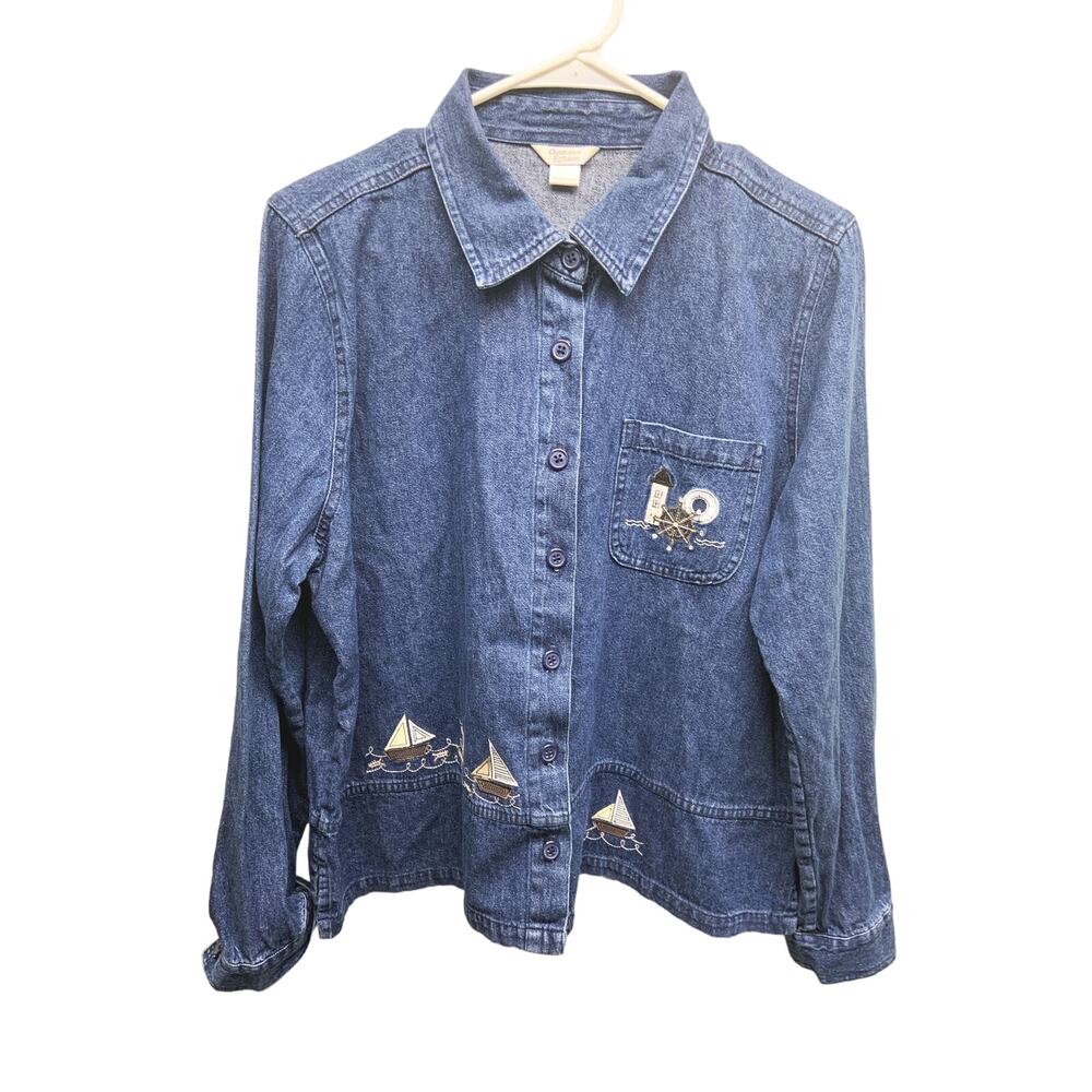 Christopher & Banks Nautical Lighthouse Ship Wheel Life Saver Denim Shacket L